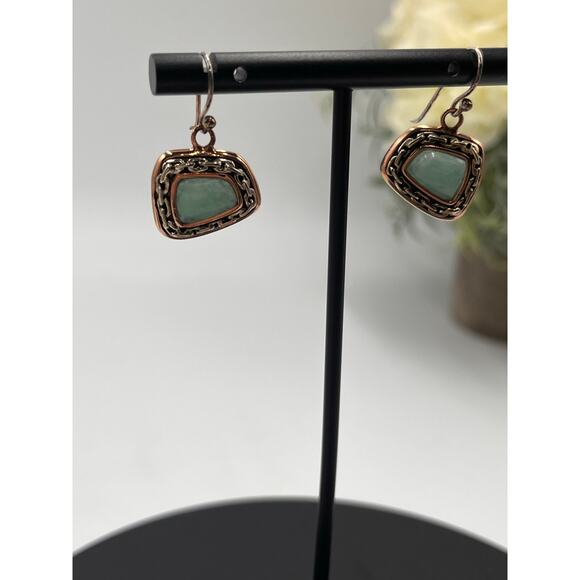 Barse Signed Sterling Silver Bronze Ornate and Turquoise Dangle Earrings - Picture 2 of 7